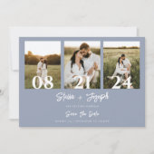Boho Dusty Blue Moderne Drie Foto's Chique Bruilof Save The Date (Voorkant)