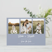 Boho Dusty Blue Moderne Drie Foto's Chique Bruilof Save The Date (Staand voorkant)