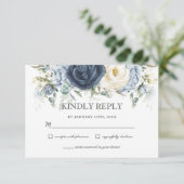 Boho Dusty Blue Navy Ivoor Bloemen Sage Bruiloft RSVP Kaartje (Staand voorkant)