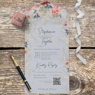 Boho Dusty Blue & Pink Floral Blue QR Code All In One Uitnodiging