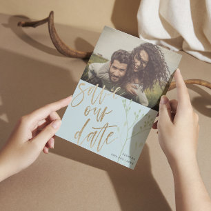 Boho Dusty Blue Save Onze Datum Faux Gold & Foliag Feestdagenkaart