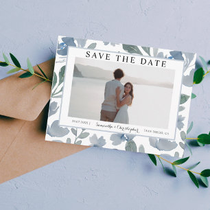 Boho Dusty Blue Waterverf Floral Save the Date Briefkaart