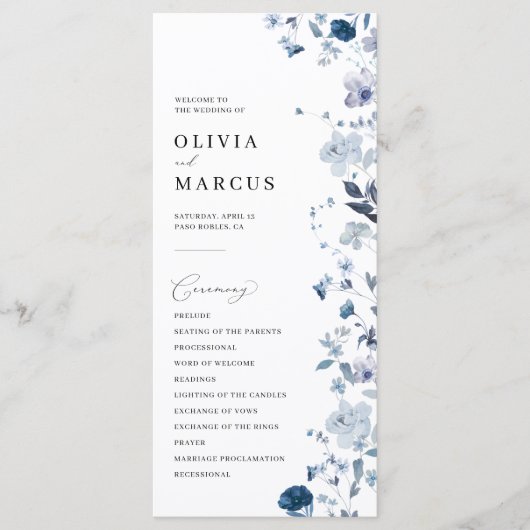 Boho Dusty Blue Wildflower Elegant Trouwprogramma Programma (Voorkant)
