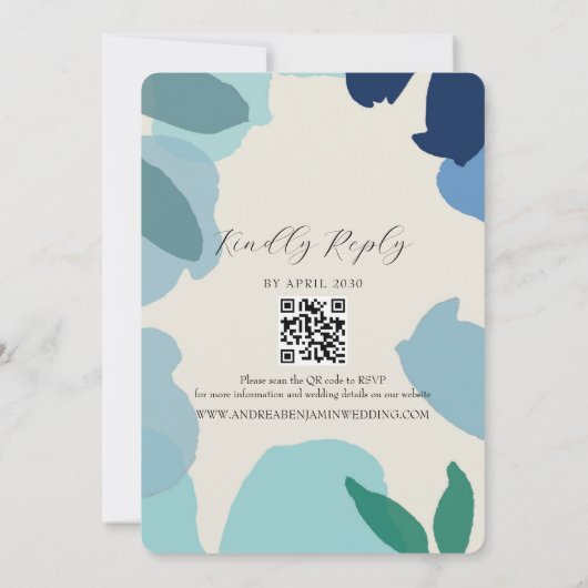 Boho Dusty Faire-part de mariage bleu avec code QR (Dos)