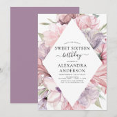 Boho Dusty Paars Sweet 16 Birthday Floral Invitat Kaart (Voorkant / Achterkant)