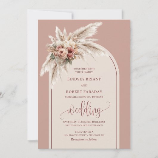 Boho Dusty Pampas rose Roses Faire-part de mariage (Devant)