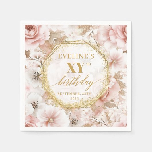 Boho Dusty Pink 80 Verjaardag servetten met bloeme (Voorkant)