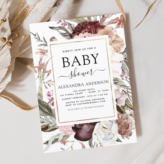 Boho Dusty Pink Burgundy Baby shower Kaart
