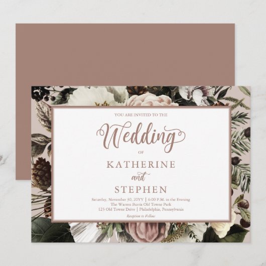 Boho Dusty Pink Floral Bouquet Wedding Invitation Kaart (Voorkant / Achterkant)