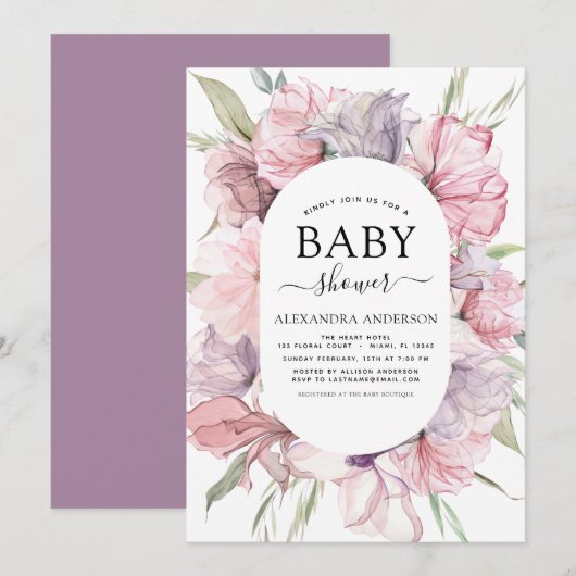 Boho Dusty Pink Paars Baby shower Uitnodiging (Voorkant / Achterkant)