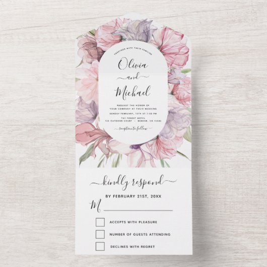 Boho Dusty Pink Paars Wedding RSVP All In One Uitnodiging (Binnen)