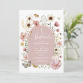 Boho Dusty Pink Wildflower Meadow Doop Kaart (Staand voorkant)