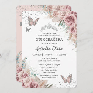 Boho Dusty Roos Floral Pampas Silver Quinceañera Kaart