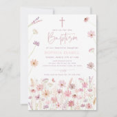 Boho Dusty Roos Wildflowers Doop Kaart (Voorkant)