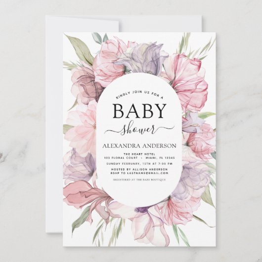 Boho Dusty rose violet Baby shower Invitation (Devant)