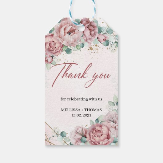 Boho dusty roses eucalyptus faux gold Weddenschap Cadeaulabel (Achterkant)