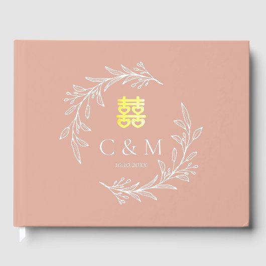 Boho dusty roze blad met een moderne Chinese bruil Gastenboek (Voorkant)