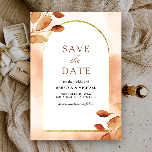 Boho Earthy Terracotta Leaves Arch Wedding Save The Date