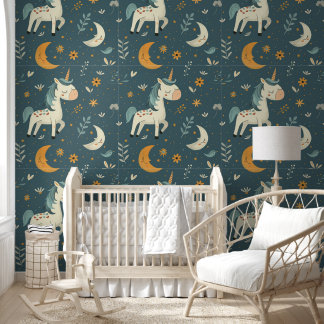 Boho eenhoorn kinderkamer ontwerp, gedempt donkerg behang