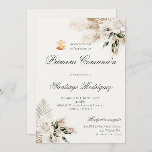 Boho eerste communie uitnodiging in het Spaans (Voorkant / Achterkant)