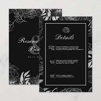 Boho Elegant Bloemen Zwart Trouwdetails Informatiekaartje