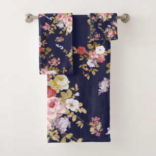Boho élégant d'or de rose de bleu marine floral