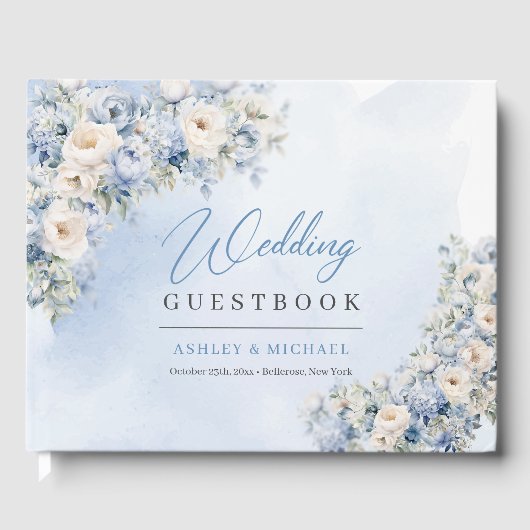 Boho Elegant Dusty Blue en Ivory Bloemen bruiloft Gastenboek (Voorkant)