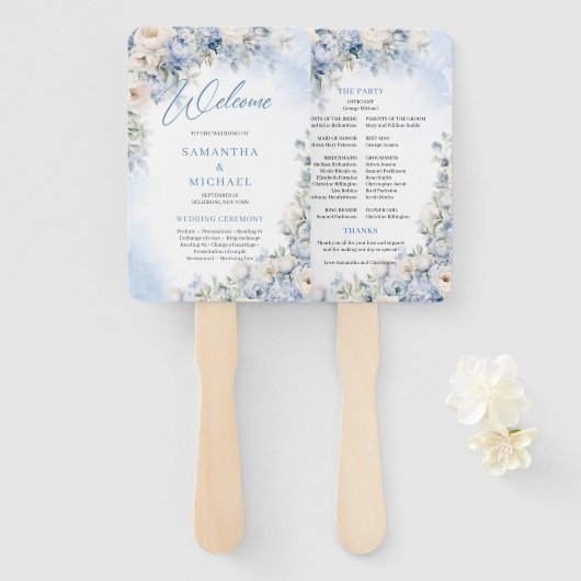 Boho Elegant Dusty Blue en Ivory Bloemen bruiloft Handwaaier (Voorkant en achterkant)