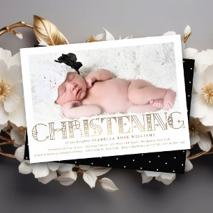 Boho Elegant Gold Foil Christening Photo Invite Kaart