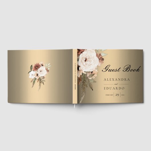 Boho Elegant Goud en Wildbloemen Bruiloft Gastenboek (Volledig)