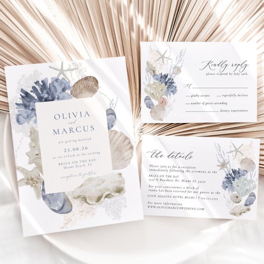 Boho Elegant Lijst Strand Blauw Bruiloft Uitnodigi Kaart