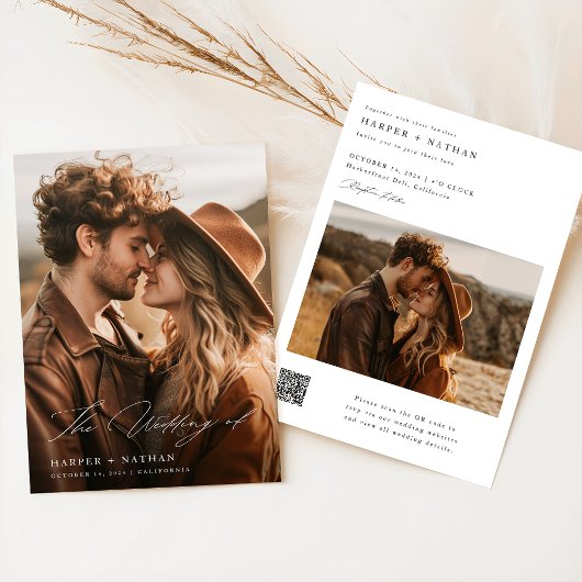 Boho Elegant Script QR Code Fotobruiloft Kaart