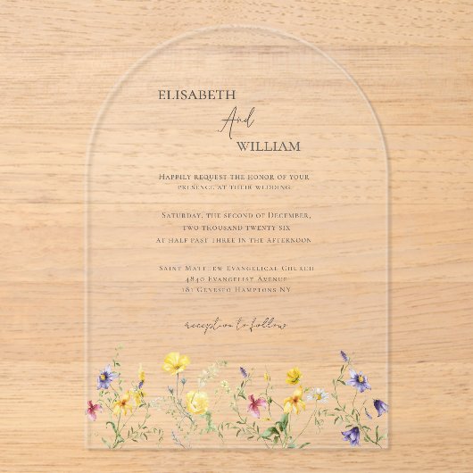 Boho Elegant Wildflowers Fotohuwelijksuitnodiging Acryl Uitnodigingen (Voorkant)