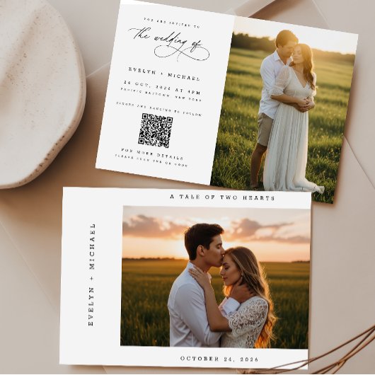 Boho Elegante Script QR Code Foto Budget Bruiloft Kaart