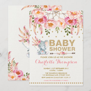 Boho Elephant Baby shower Invitation Pink Gold Kaart