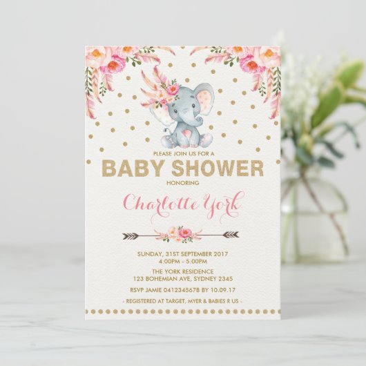 Boho Elephant Baby shower Invite Pink Gold Oerwoud Kaart (Staand voorkant)