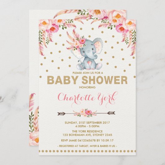 Boho Elephant Baby shower Invite Pink Gold Oerwoud Kaart (Voorkant / Achterkant)