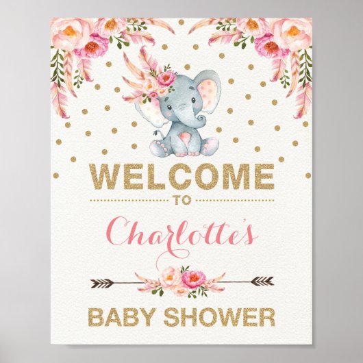 Boho Elephant Baby shower Pink Gold Welkom Poster (Voorkant)