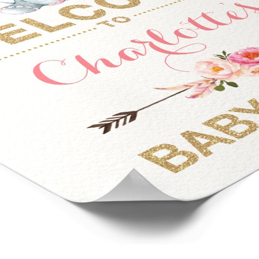 Boho Elephant Baby shower rose or Affiche de bienv (Coin)