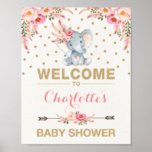 Boho Elephant Baby shower rose or Affiche de bienv