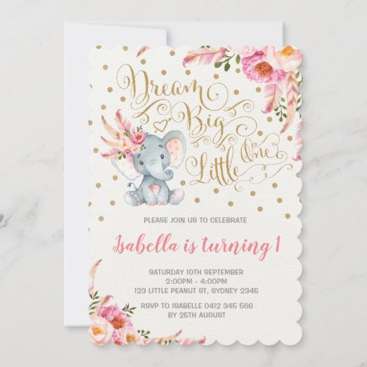 Boho Elephant Birthday Uitnodiging Dream Big Flora (Voorkant)