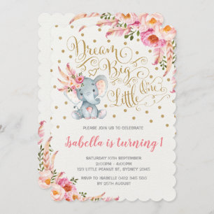 Boho Elephant Birthday Uitnodiging Dream Big Flora