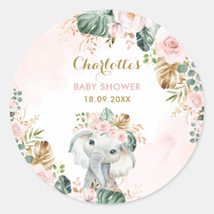 Boho Elephant Blush Pink Floral Oerwoud Baby Girl Ronde Sticker