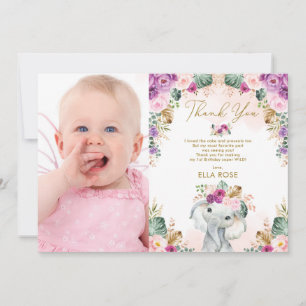 Boho Elephant Girl Pink Paars Floral Birthday Bedankkaart