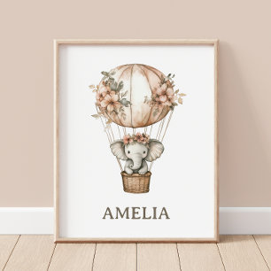 Boho Elephant Hot Air Ballon Nursery Wall Poster