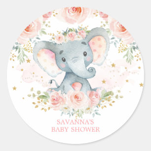 Boho Elephant Pink Floral Baby Girl Ronde Sticker
