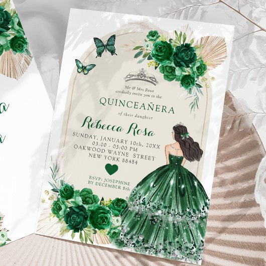 Boho Emerald Groene Rozen Princesa Quinceañera Kaart