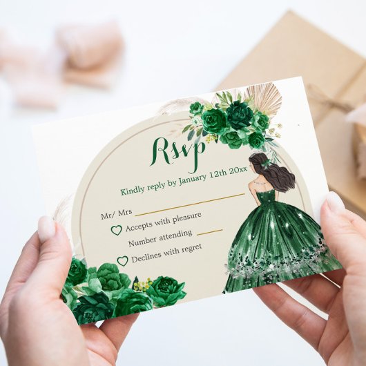 Boho Emerald Groene Rozen Prinses Quinceañera RSVP Kaartje