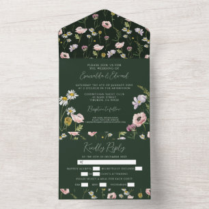 Boho Emerald Groene Wilde Bloem Botanische Bruilof All In One Uitnodiging