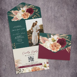 Boho Emerald QR Code Wedding All In One Uitnodiging